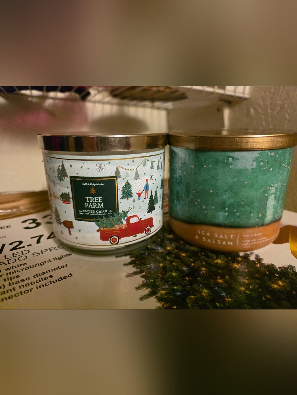 2 Bath & Body Works Tree Farm Holiday Candle And Sea Salt Balsam 3 Wick Candles.